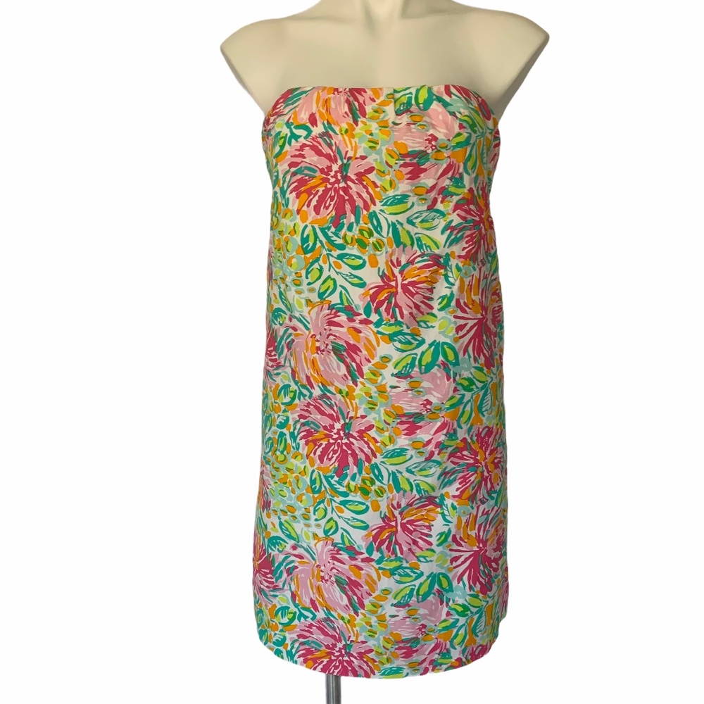 Lilly Pulitzer Floral Keetan Strapless Silk Blend Dress In White Little Lilet